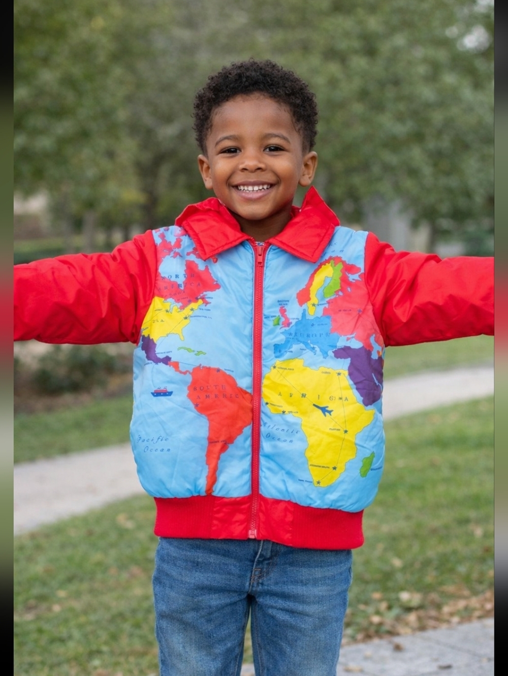 Vintage Kids World Map Jacket Weather Tamer Retro Puffer Travel Coat Sz 14